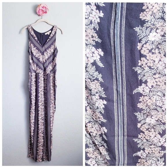 LOFT Gray Floral V-neck Sleeveless Jumpsuit - Picture 1 of 10